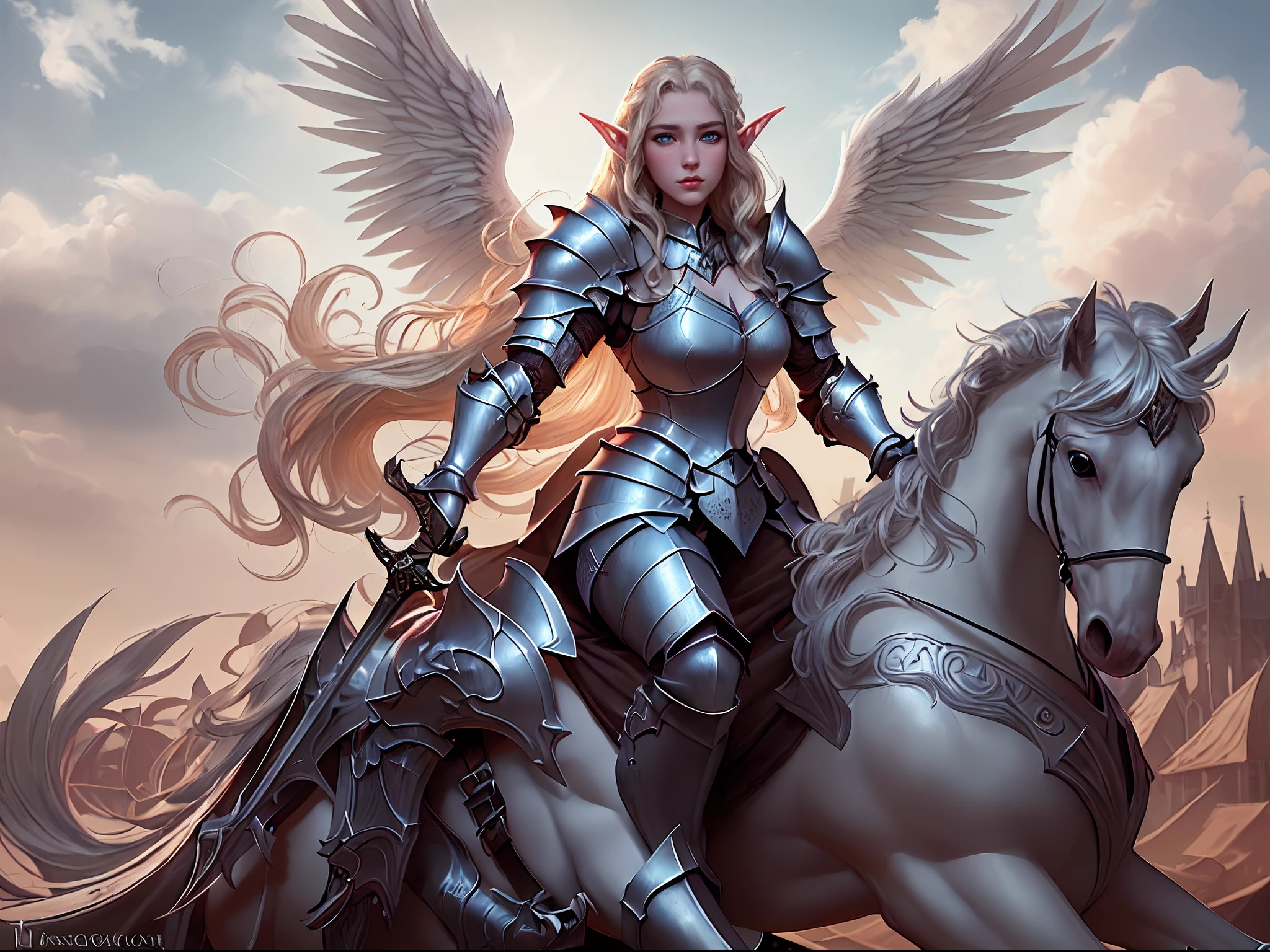 a picture of a beautiful female elf knight riding a Pegasus in the skies, female elf knight, extremely beautiful female elf (best details, Masterpiece, best quality: 1.5), ultra feminine, ultra detailed face (best details, Masterpiece, best quality: 1.5), determined face, ready for war, blond hair, long hair, wavy hair, dynamic eyes color, armed with a long sword, wearing heavy armor, elven armor (best details, Masterpiece, best quality: 1.5), white Pegasus, Pegasus wings spread, blue skies, some clouds in the background, fantasy art dnd art, RPG art magv1ll, Ultra-Wide Angle, high detail, award winning, best quality, HD, 16K, high details, best quality, absurd highres, ultra wide angle, photorealistic, ultra realistic [[anatomically correct]], high details, best quality, 16k, [ultra detailed], masterpiece, best quality, (extremely detailed), ultra wide shot, photorealistic,