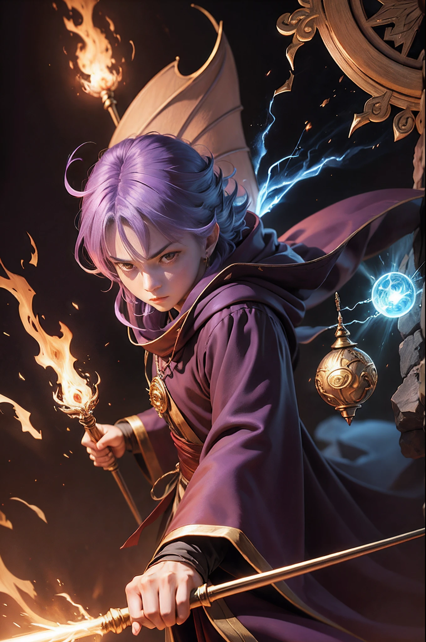 masterpiece、Dragon quest、Sorcerer、a wizard、Intelligent beauty、Wooden cane、Fireball from the wand、Staff of the Wise Man、The Sage's Robe、Light robe、combat with monster、pale shiny hair、Dragon's Eye、battle field、Flying Devils、Flying Dragons、war、highestdetailed、Flying sparks