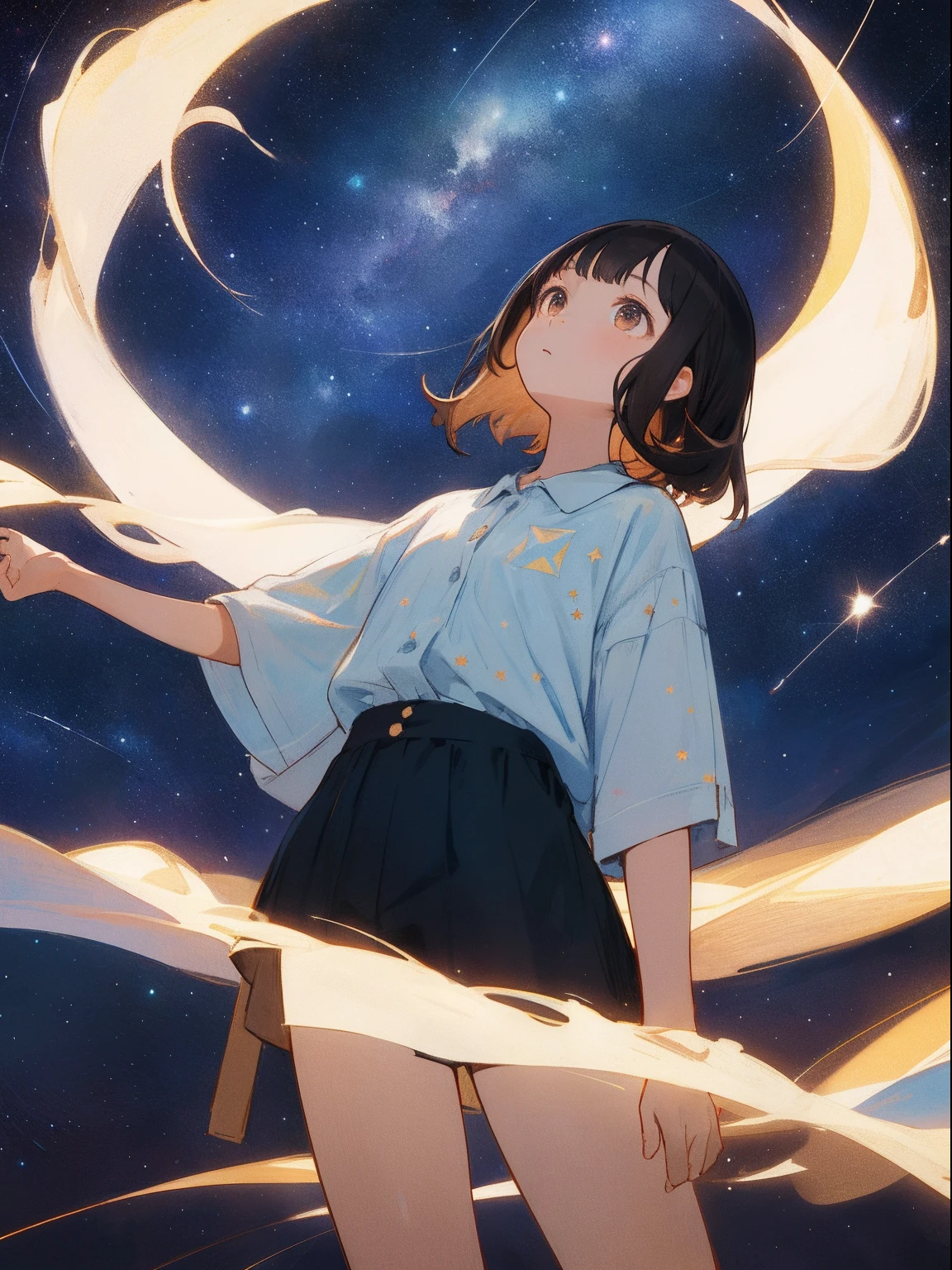 masterpiece, top-quality, 1girl in, The upper part of the body, is standing,, shorth hair, , A dark-haired, Casual clothing, frilld, natta、Looking up at the stars、Starry sky