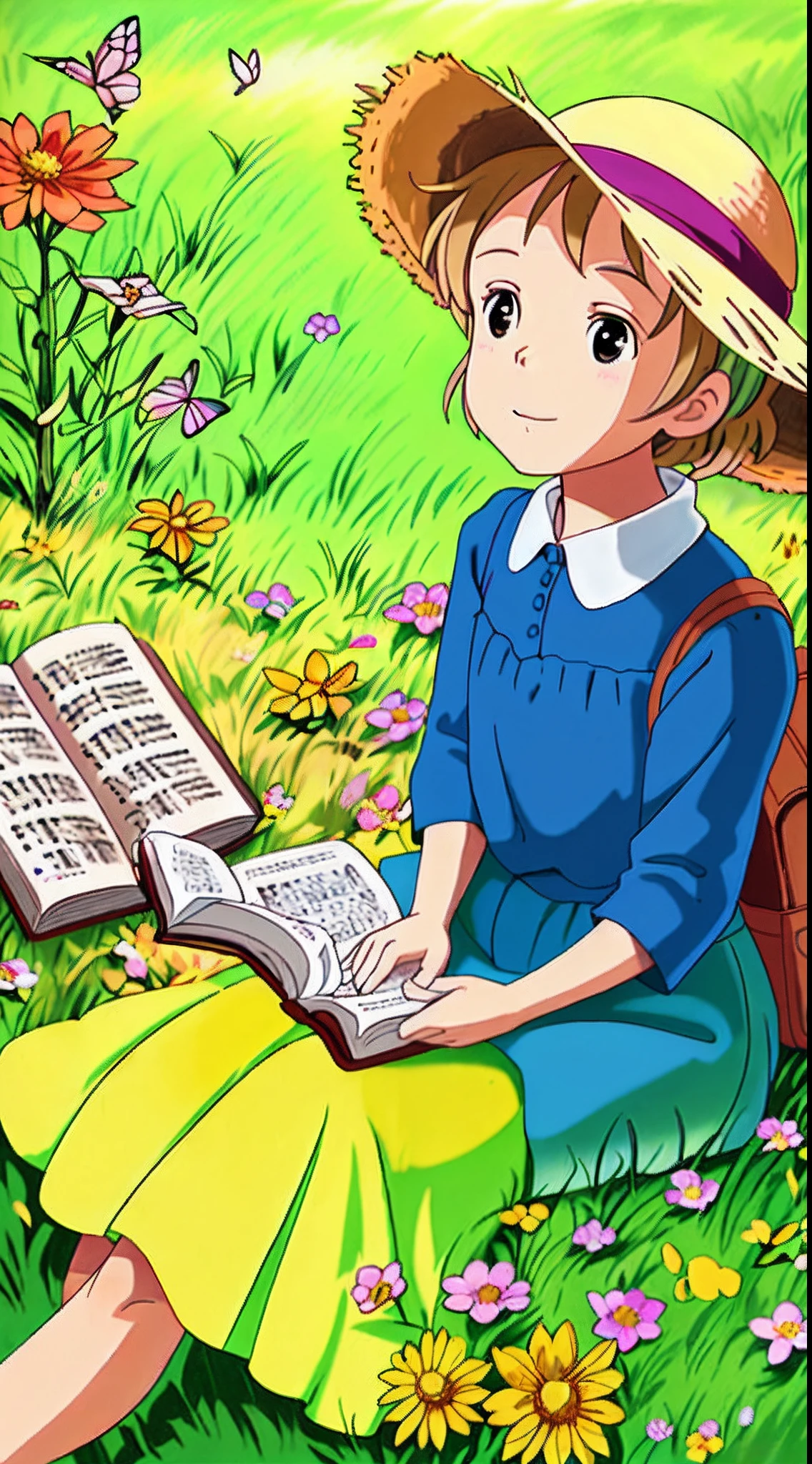 Sitting in an autumn wheat field，A super cute  girl reads a fairy tale book，Natural light，Fresh and light colors，blossoms，butterflys，Straw Hat Hat，book，bookbag，Super detailed picture，tmasterpiece，Masterpiece，Shooting from an elevation perspective