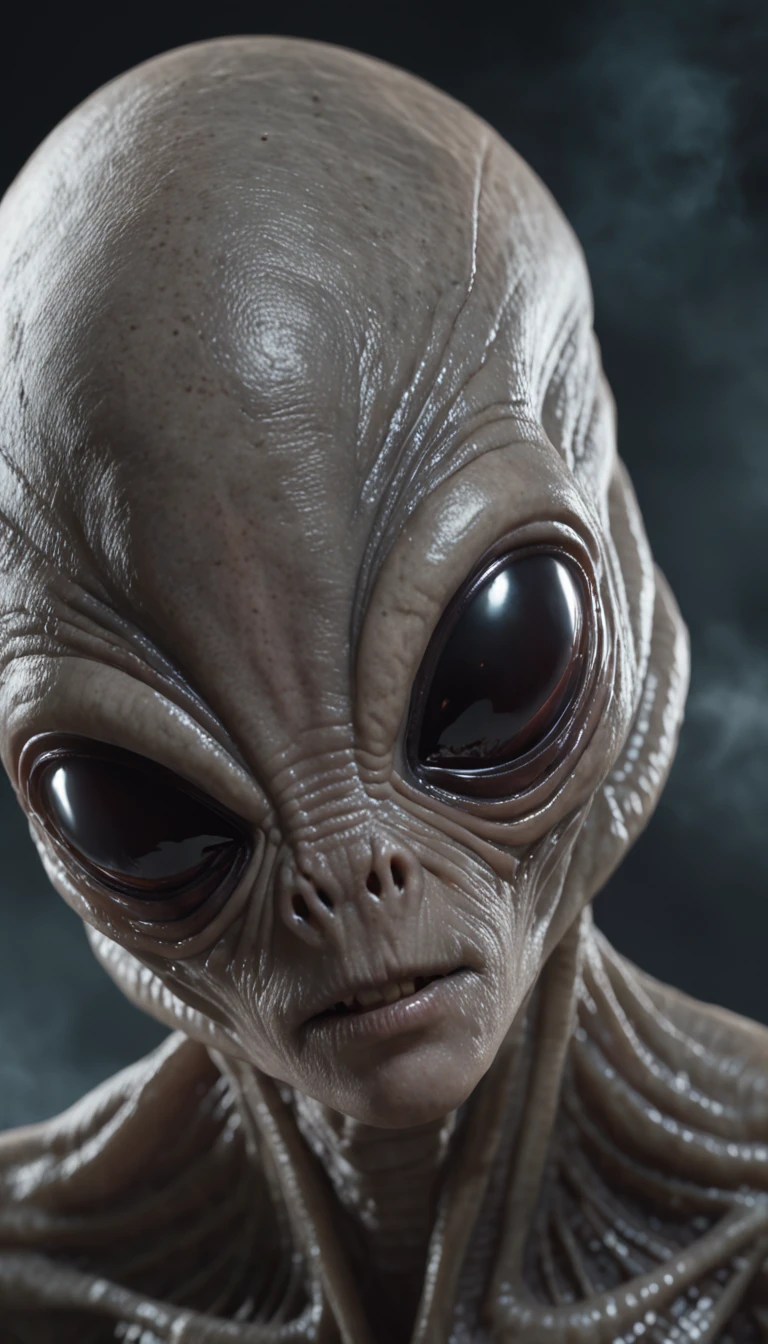 Alien invasion，Frontal photo，gray colored skin，eerie，tosen，Blood，of a real，Facial features are carefully depicted，Realistic skin texture，Dark style，depth of fields，high light，Real light，Ray traching，oc rendered，Hyper-realistic，best qualtiy，8K，Works of masters，super-fine，Detailed pubic hair，Correct anatomy，sharp focus on eyes，Bokeh，Facial features are carefully depicted