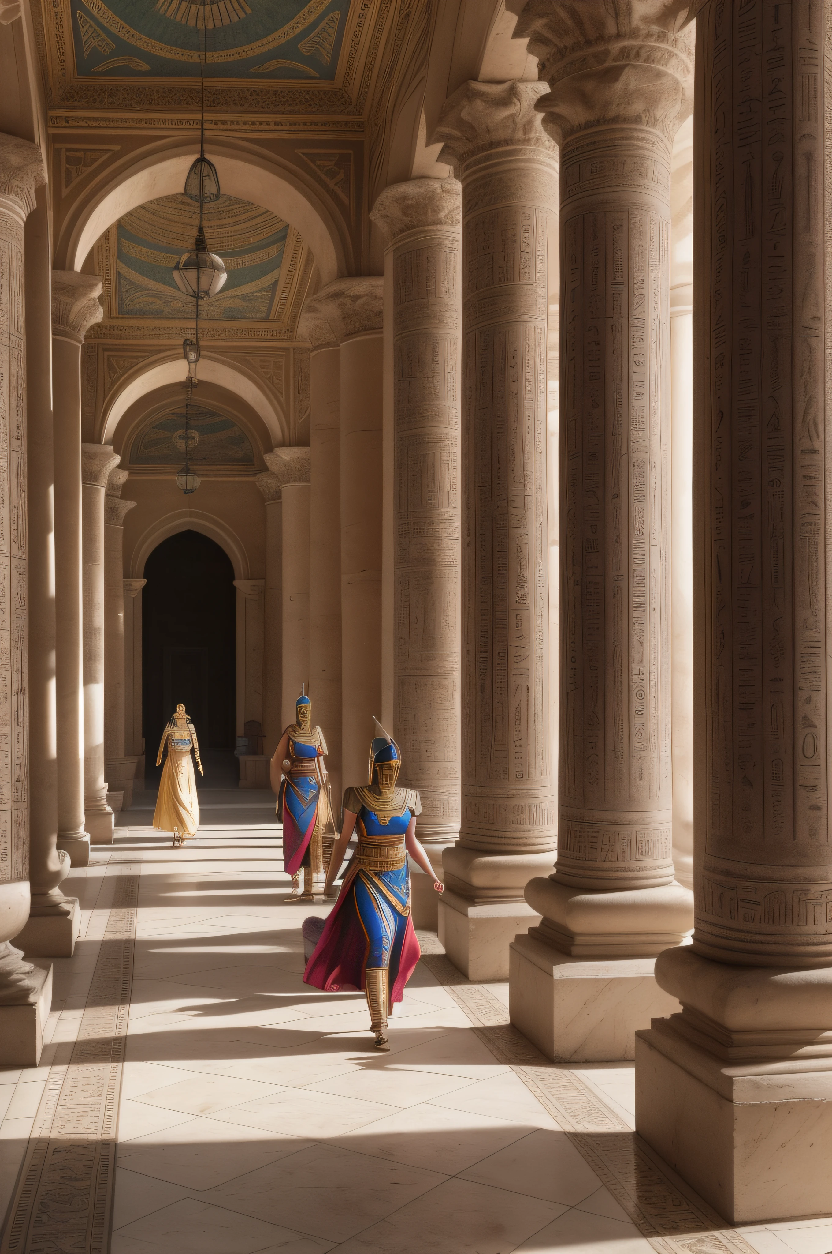 An Egyptian queen, accompanied by two lower female servants, steps through a wide corridor with painted columns of a Roman palace, next to each column is a Roman legion soldier. The women are all dressed in futuristic Egyptian attire. The Queen also wears jewellery. An assassin with a knife in his hand hides behind one of the pillars. Her shadow casts a silhouette on the floor.