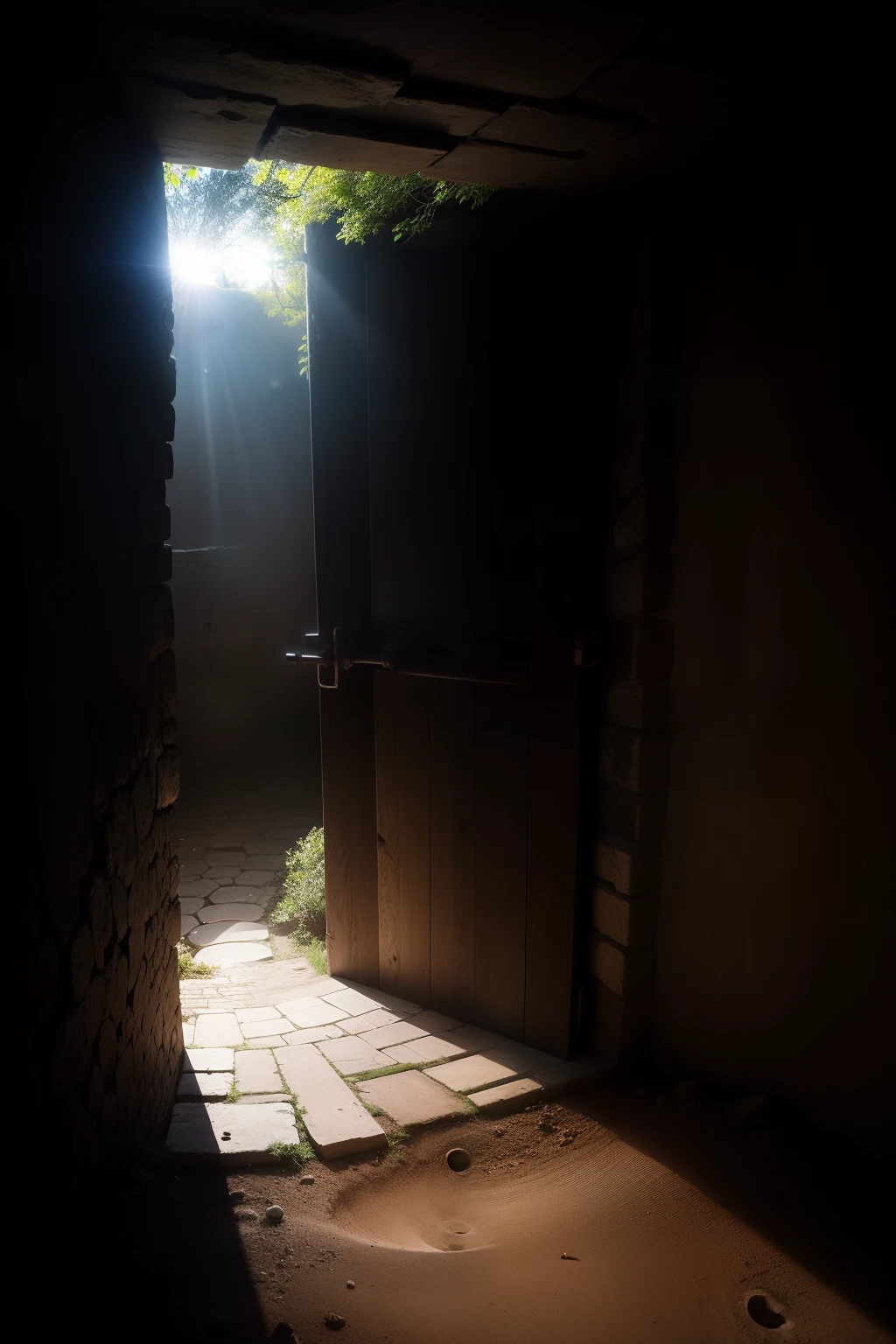 well with low light and at the end of it a shaft of light deep hole