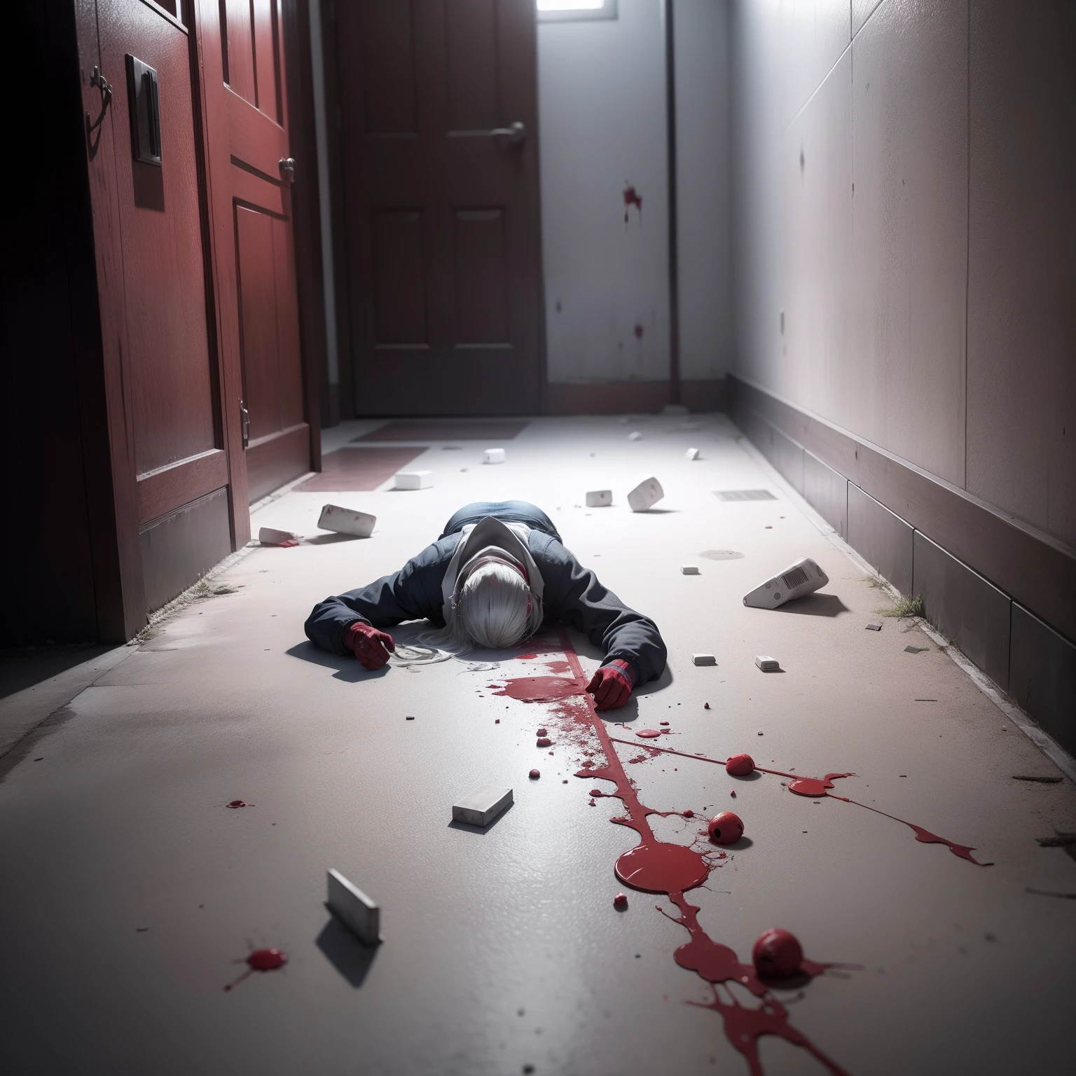 A horror place where bloods are spreaded on the floor like a person was killed