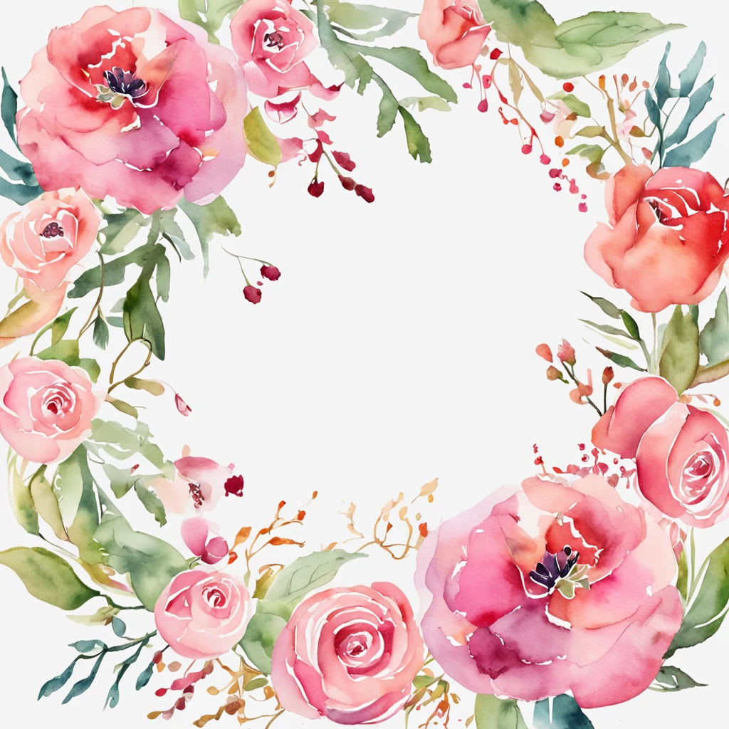 wreath, Floral frame, Delicate watercolor flowers in pink and vibrant rose tones, Engaging illustrations.