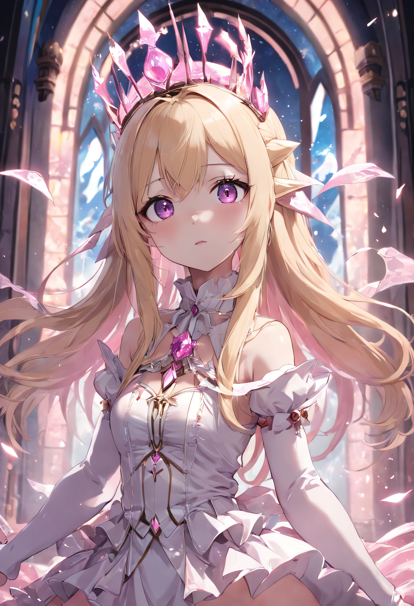 Anime girl with long blonde hair and white stockings,Pink and white clothes,Gothic,Crown of Crystals,Sanctuary,Magical fantasy,444 Hz, Beautiful, Breathtaking, Highly detailed, 8K, Use, Affectionate, Ultra photo realsisim, scenery