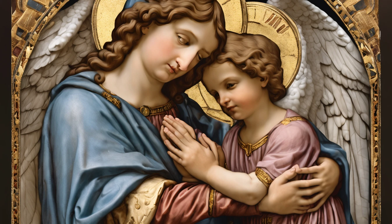 Closeup of an image of the archangel man are raphael praying and blessing a child, com belas asas grandes e bonitas, perfeito, Reslistic, Biblical setting, celestial scenery, sol e nuvens ultras realistas, flores e velas, Jesus illuminated from heaven, Passes em segundo plano, flores coloridas, velas acesas, Archangel St. Raphael blessing a , a child at your feet, A man archangel St. Raphael a beautiful and majestic angel. The angel is above and the child is below looking at the archangel St. Raphael