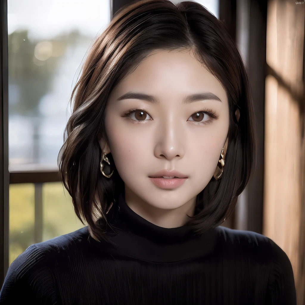 (masuter piece:1.3)、(8K、Photorealsitic、Raw photography、top-quality: 1.4)、(1girl in)、Face like a Japan person、beautiful expression、(Lifelike face)、(A dark-haired、bobhair:1.3)、Beautiful hairstyle、realisticeyes、Beautiful details、（real looking skin）、Beautiful skins、（Sweaters）、absurderes、enticing、超A high resolution、A hyper-realistic、high-detail、the golden ratio