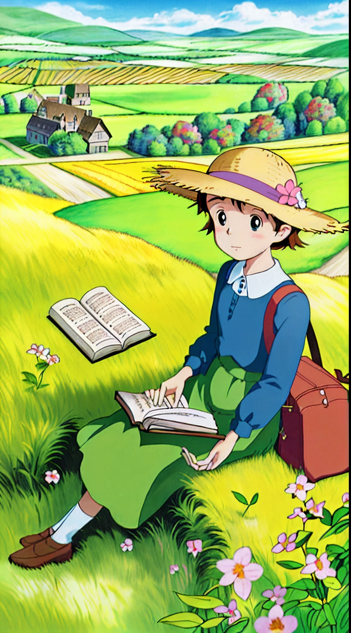 Sitting in an autumn wheat field，A super cute little girl reads a fairy tale book，Natural light，Fresh and light colors，blossoms，butterflys，Straw Hat Hat，book，bookbag，Super detailed picture，tmasterpiece，Masterpiece，Shooting from an elevation perspective