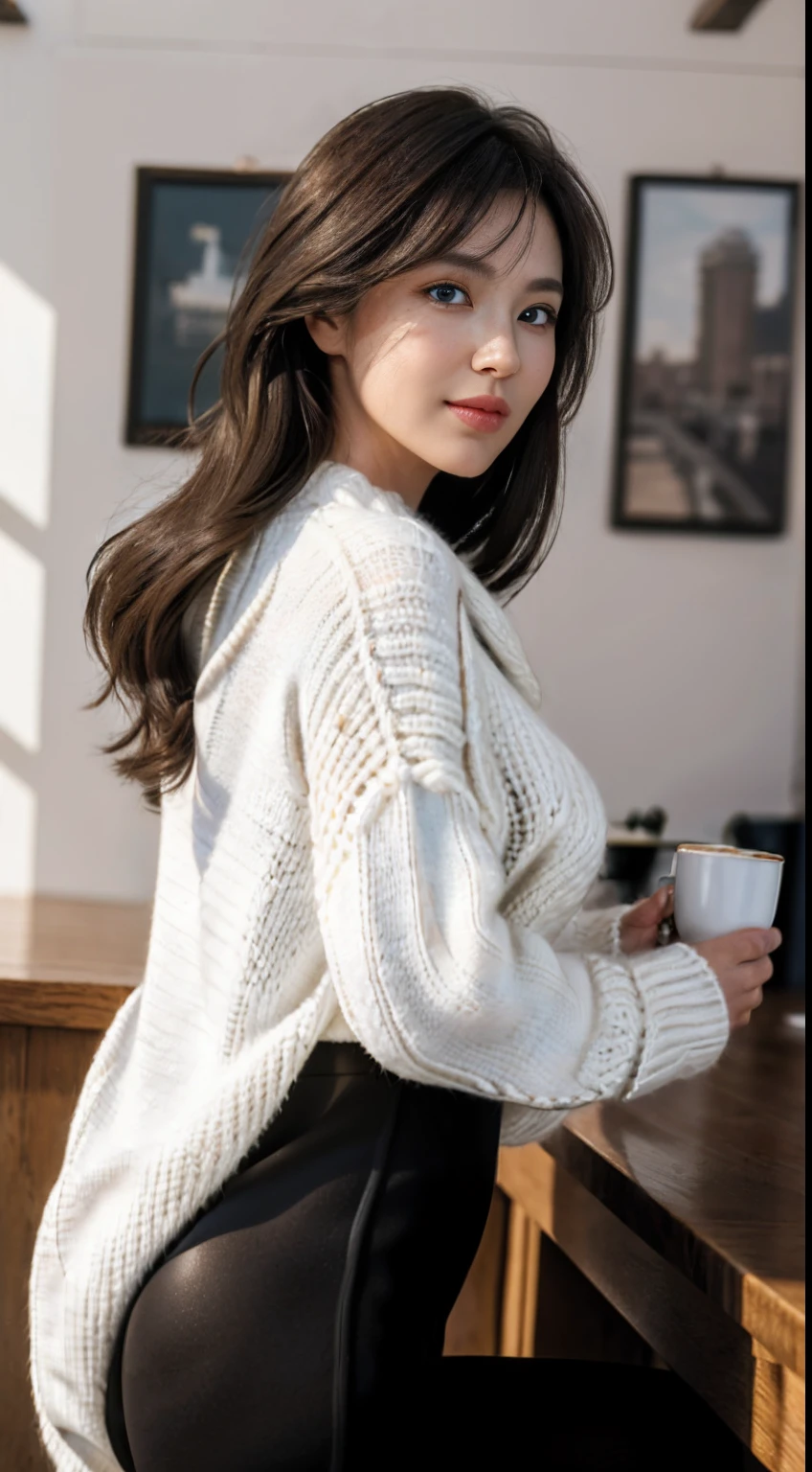 (Masterpiece, Best quality:1.4), (modern times), (Cowboy shot), 1girll, Solo, angle of view, sfv, Stunning girlfriend, (standing:1.1), Dynamic pose, (White oversized sweater, knitted sweater:1.4), (Tight Yoga Pants,dark grey yoga pants:1.4),(Lace,brassier:1.4),long Brond Hair,By bangs,heart - shaped face,Elegant face,beauitful face,High detail face,Highly detailed skin,skin pore,sub surface scattering,(Blue eye details),realistic pupil,crisp breasts,A loving smile,looking at viewert,full blush,'s plump lips,holding a single coffee cup,at centre,coffee shop in background,the city street,Sunnyday, ventania, detailed back ground, depth of fields, atmosphric perspective, Volumetriclighting, Clear focus, absurd res, Realistic proportions, Good anatomy, (realisticlying, Hyper-realistic:1.4), 16K HD,