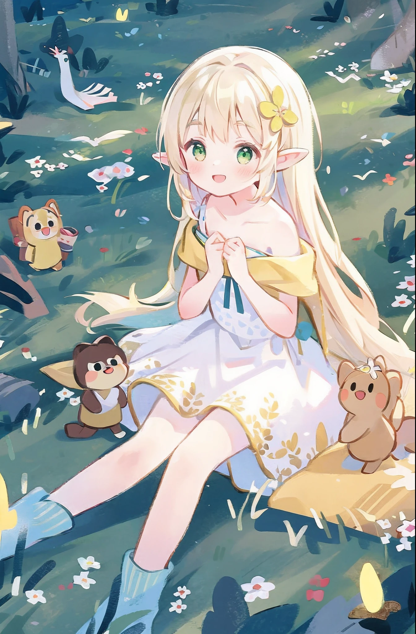Masterpiece, best quality, illustration, colorful, landscape, fantasy, forest, 1girl, girly, face focus, skinny, bare shoulders, clavicle, detailed golden long hair, green eyes, pointy ears, holy smile , wreath, white dress, holy light, forest, sea of trees, flowers, sitting on the ground
