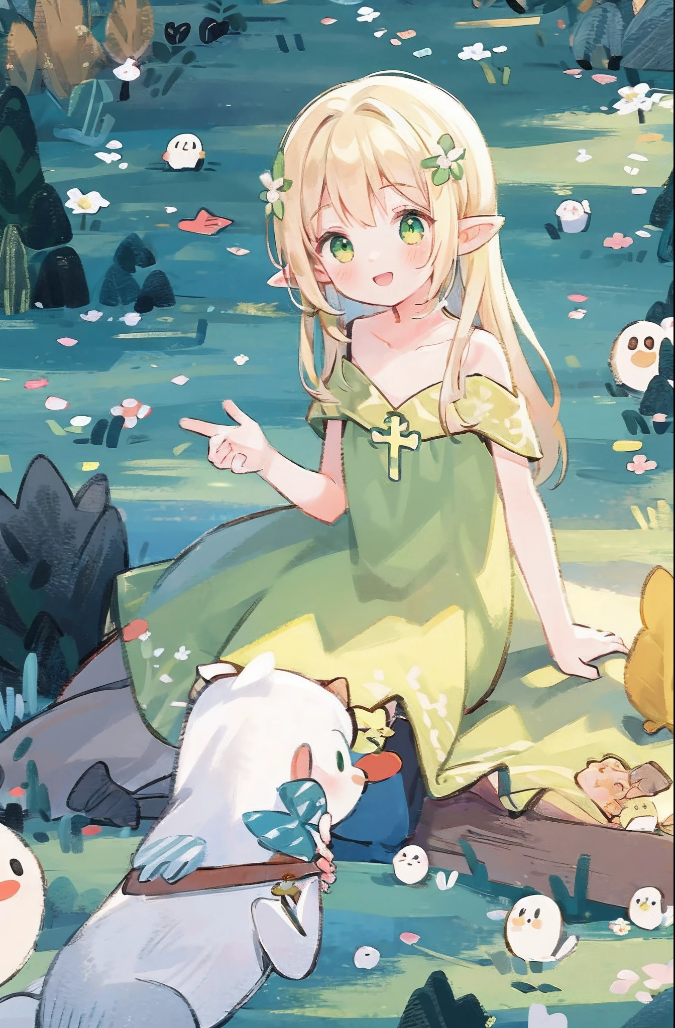 Masterpiece, best quality, illustration, colorful, landscape, fantasy, forest, 1girl, girly, face focus, skinny, bare shoulders, clavicle, detailed golden long hair, green eyes, pointy ears, holy smile , wreath, white dress, holy light, forest, sea of trees, flowers, sitting on the ground