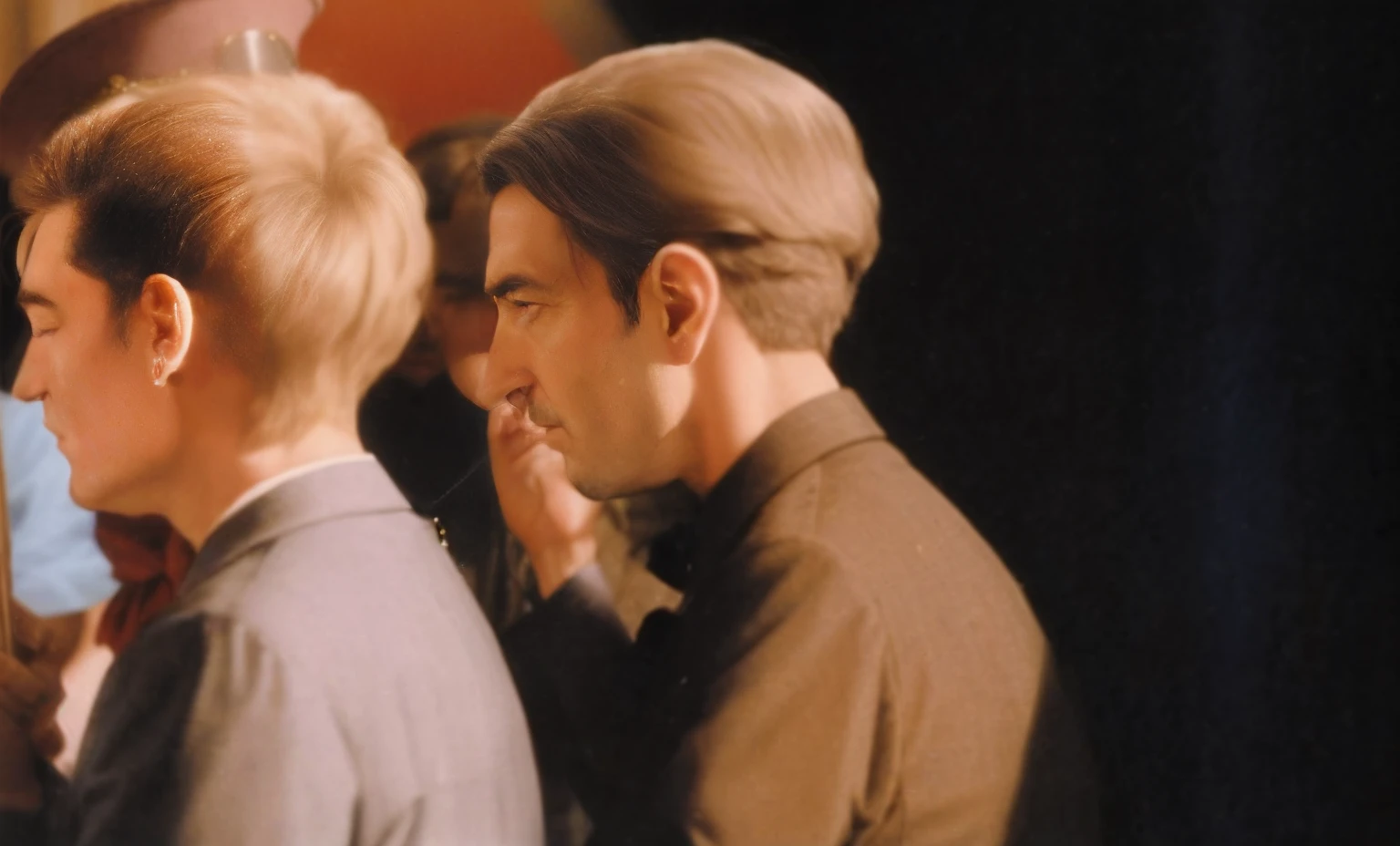 There are two men standing next to each other with a cell phone, Directed by: Anna Füssli, cena do filme close up, uma pintura de duas pessoas, Directed by: Richard Hamilton, john currin, Anton, Stalin e Lenin em gay-bar, closeup retrato da cena do filme, arte do perfil lateral, Directed by: Robert Peak, Cor ainda, inspired by Anna Füssli