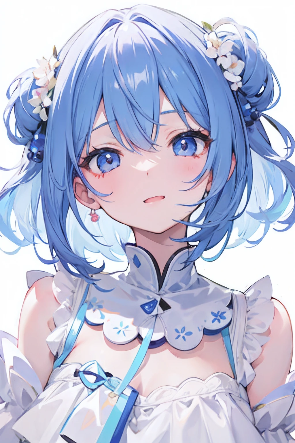 girl with、kawaii、White Dress、frontage、large mouth、A detailed face、Solid background color、Looking at the front、Medium Hair、Try to enter the whole body as much as possible、simple