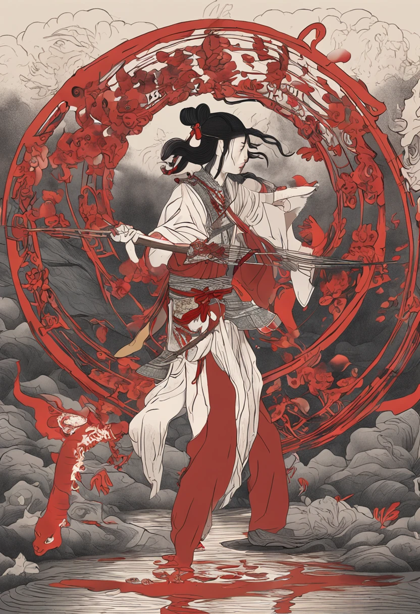 A boy,Spear in hand,Foot on the fire wheel,There is red aya on the body,Chinese mythology