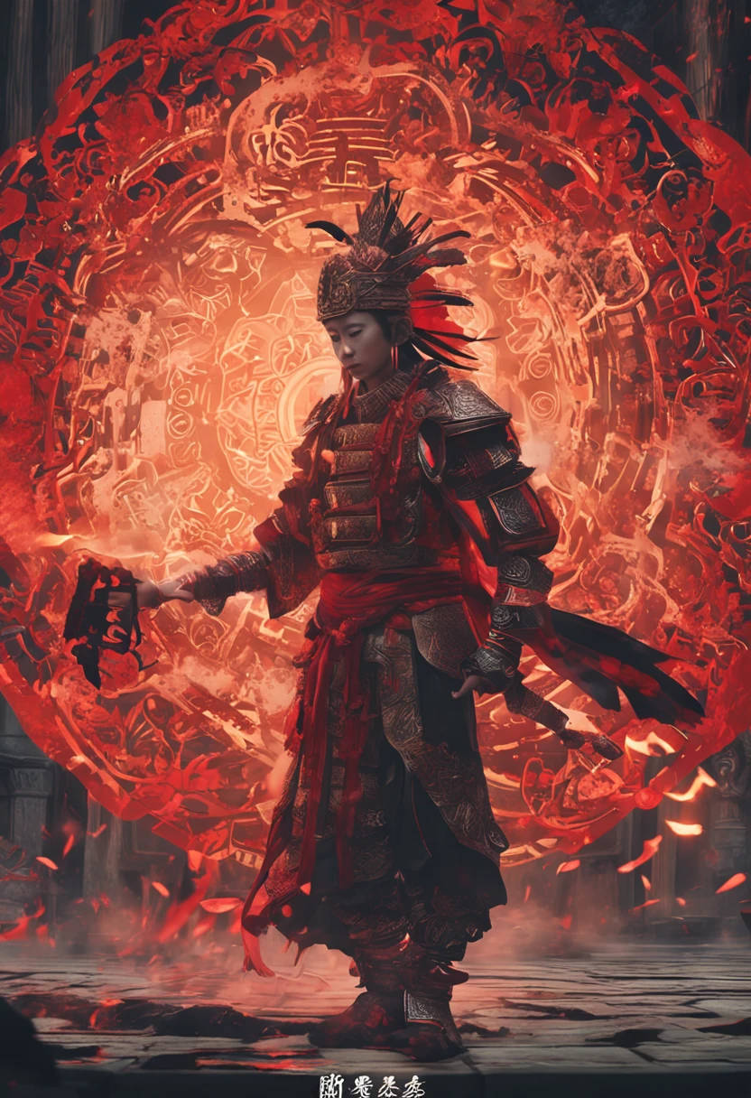 A boy,Spear in hand,Foot on the fire wheel,There is red aya on the body,Chinese mythology