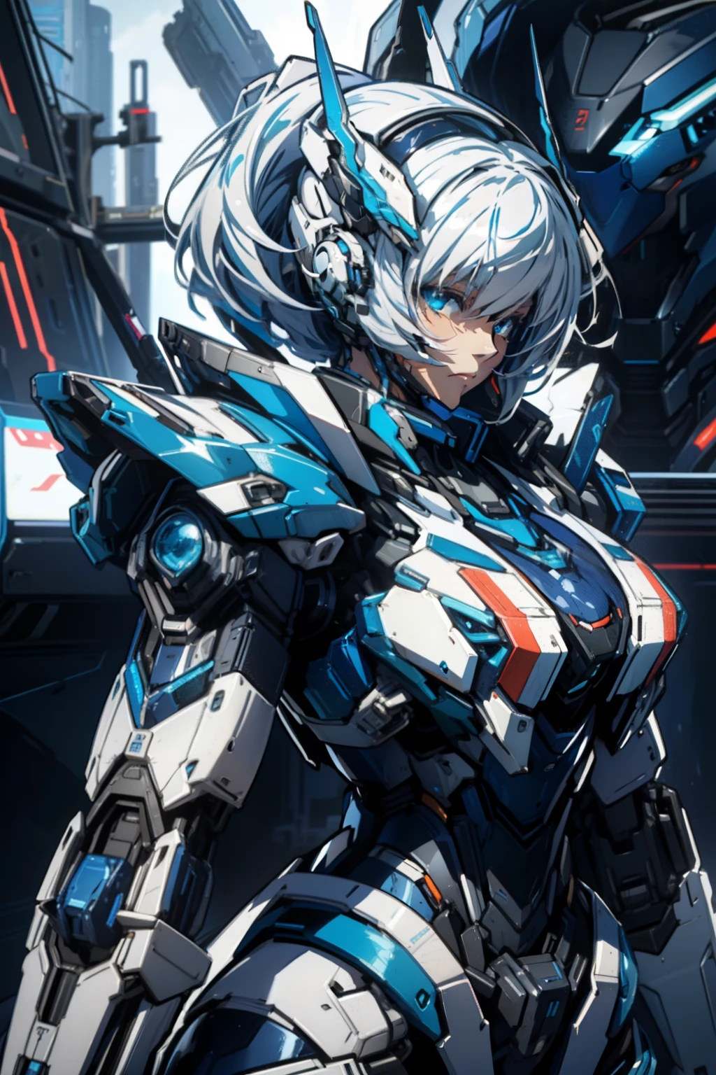 a close up of a woman in a blue and white outfit holding a large robot, anime mecha aesthetic, girl in mecha cyber armor, streamlined blue armor, armor girl, mecha asthetic, anime robotic mixed with organic, slick blue armor, cyberpunk anime girl mech, detailed anime artwork, mechanized valkyrie girl, female mecha, white hair, long hair