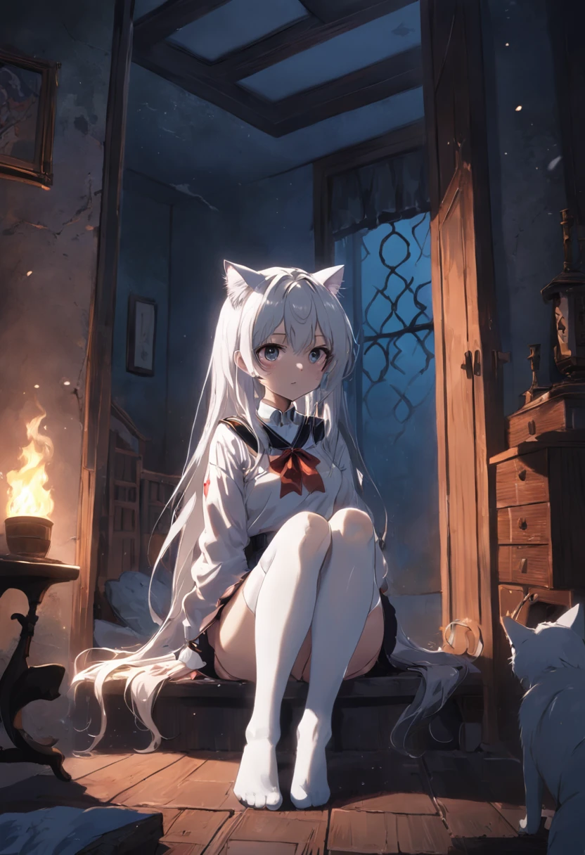 Dark, damp corners,unhelpless,White stockings,whaite hair,Cat lady,dreariness,dimly lit