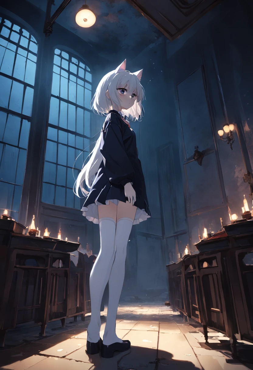 Dark, damp corners，unhelpless，White stockings，whaite hair，Cat lady，dreariness，dimly lit