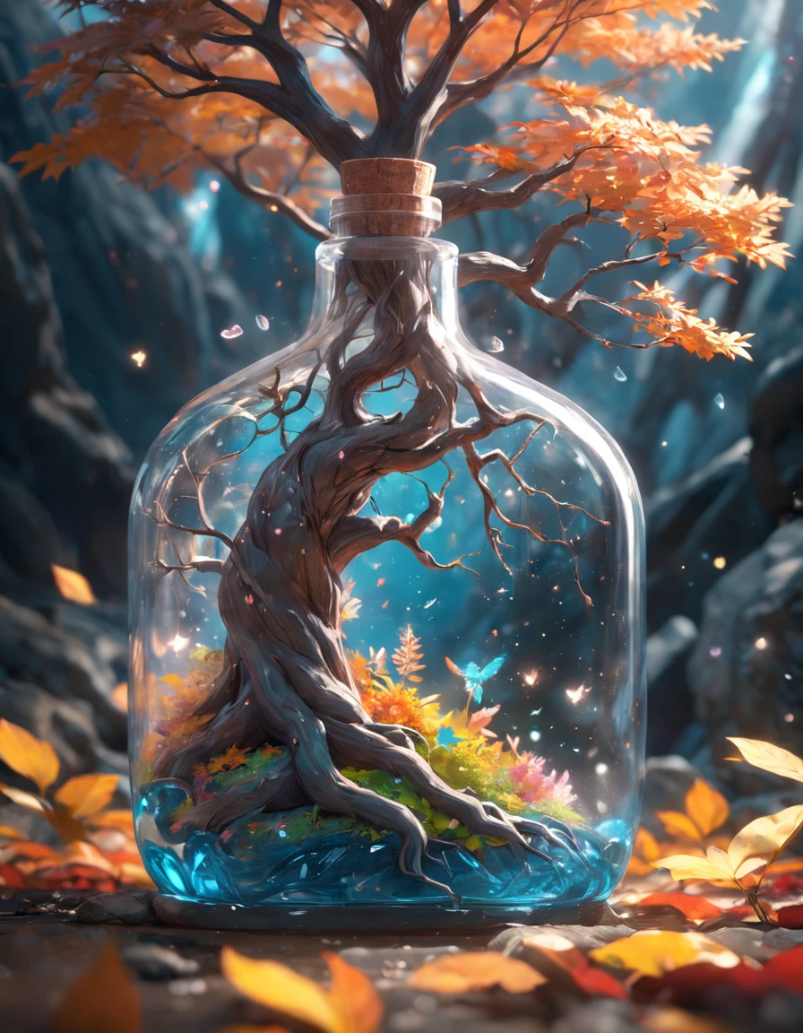 Dreamy art tree in bottle, fluffy, realistic, photo, canon, dreamy, art, colorful leaves and branches, flowers blooming on the head. Ultra-detailed photorealism by Greg Rutkowski - H 1024 W 804 | f1 6 lens mark 2:2 s 3555mm film grain: 1 lifelike high resolution Sharp focus contrast!! Complex and detailed atmospheric light refraction lighting Unreal Engine 5 Cinematic Concept Photo Masterpiece Octane Render Rendered as a trend in CGSighbour