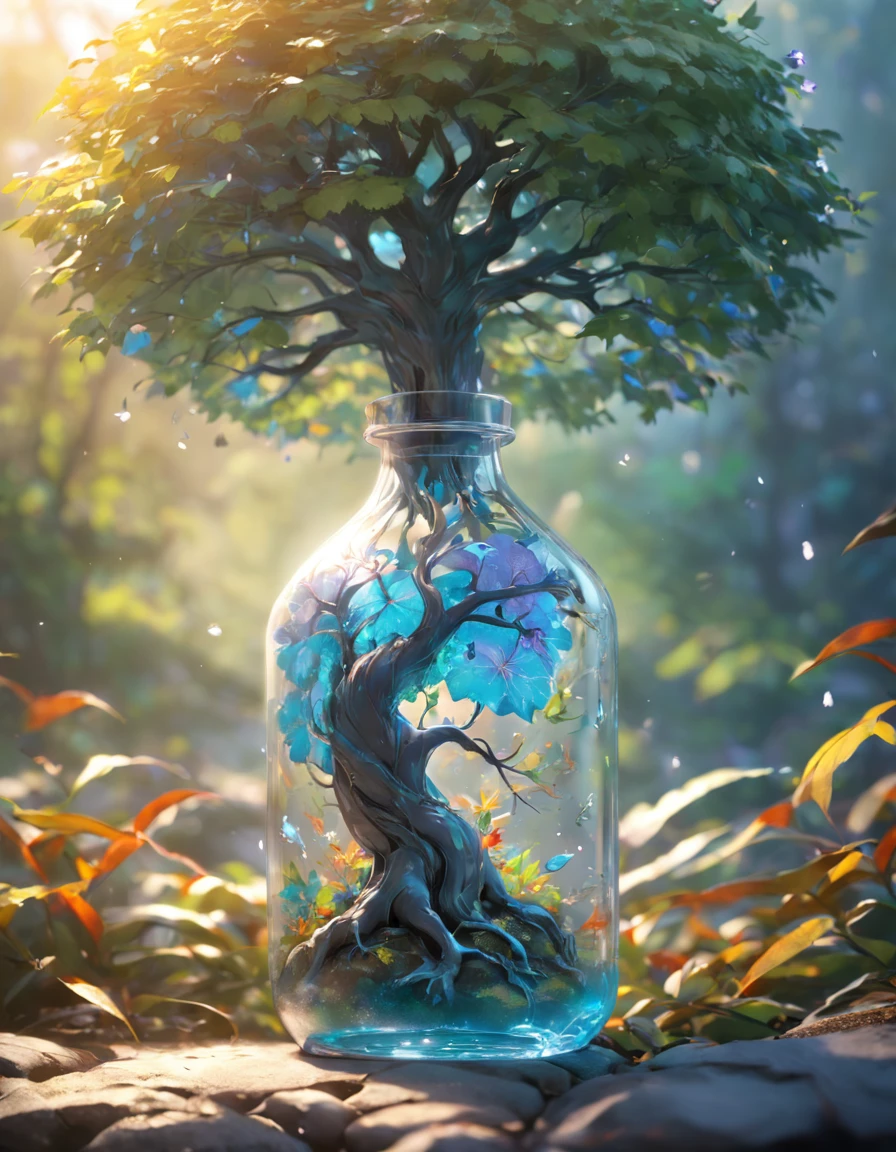 Dreamy art tree in bottle, fluffy, realistic, photo, canon, dreamy, art, colorful leaves and branches, flowers blooming on the head. Ultra-detailed photorealism by Greg Rutkowski - H 1024 W 804 | f1 6 lens mark 2:2 s 3555mm film grain: 1 lifelike high resolution Sharp focus contrast!! Complex and detailed atmospheric light refraction lighting Unreal Engine 5 Cinematic Concept Photo Masterpiece Octane Render Rendered as a trend in CGSighbour