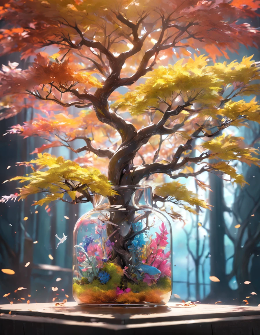 Dreamy art tree in bottle, fluffy, realistic, photo, canon, dreamy, art, colorful leaves and branches, flowers blooming on the head. Ultra-detailed photorealism by Greg Rutkowski - H 1024 W 804 | f1 6 lens mark 2:2 s 3555mm film grain: 1 lifelike high resolution Sharp focus contrast!! Complex and detailed atmospheric light refraction lighting Unreal Engine 5 Cinematic Concept Photo Masterpiece Octane Render Rendered as a trend in CGSighbour
