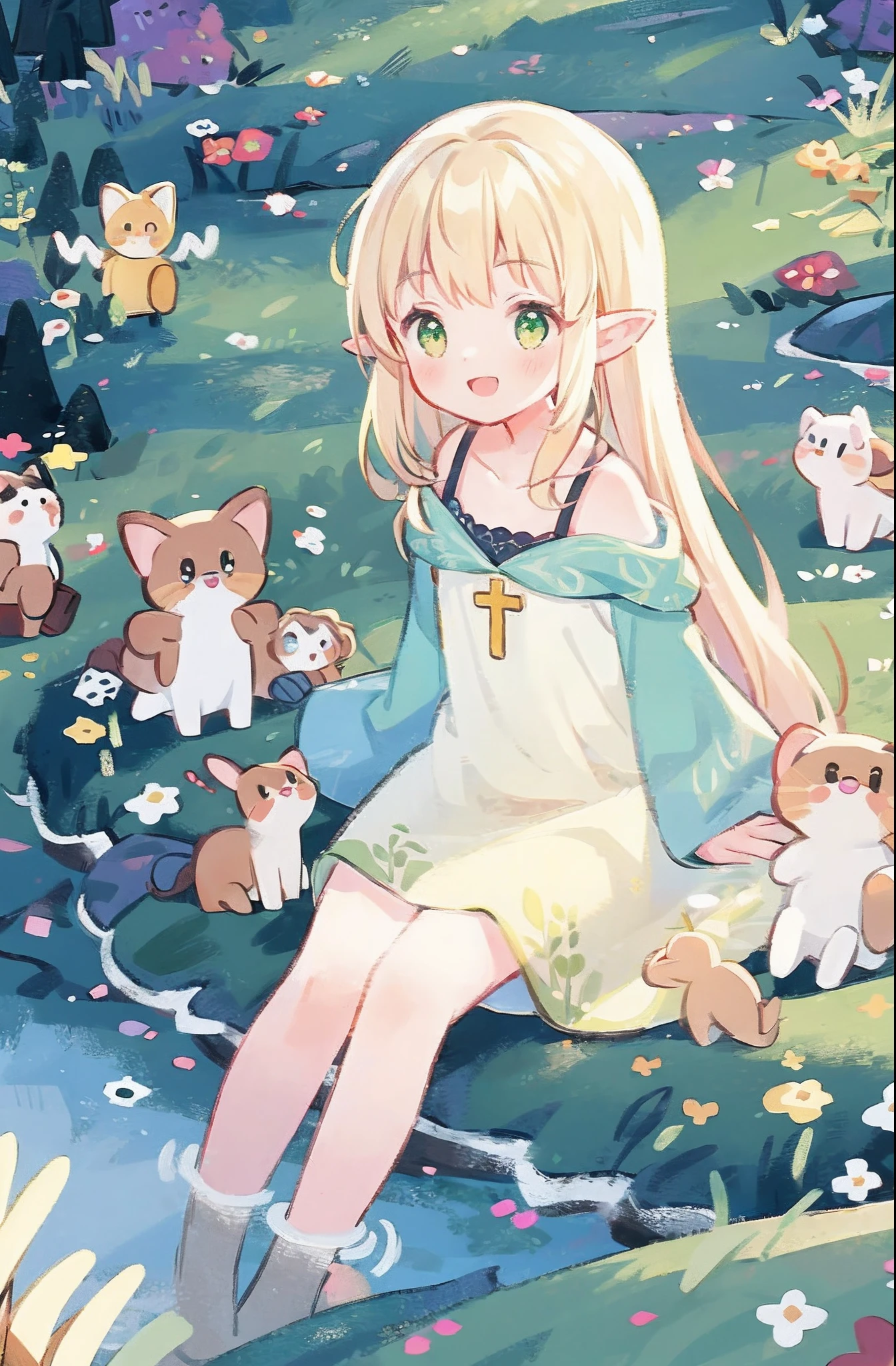 Masterpiece, best quality, illustration, colorful, landscape, fantasy, forest, 1girl, girly, face focus, skinny, bare shoulders, clavicle, detailed golden long hair, green eyes, pointy ears, holy smile , wreath, white dress, holy light, forest, sea of trees, flowers, sitting on the ground