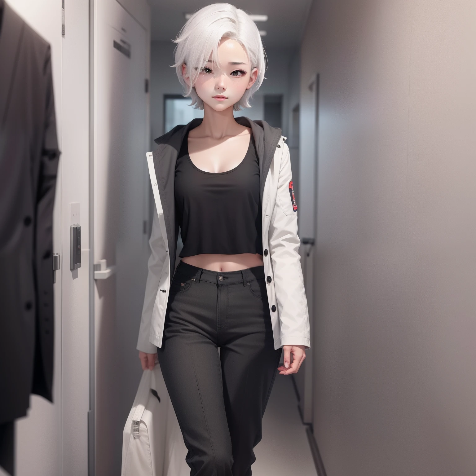 with short white hair，black tanktop，open waist，White coat，shorter pants