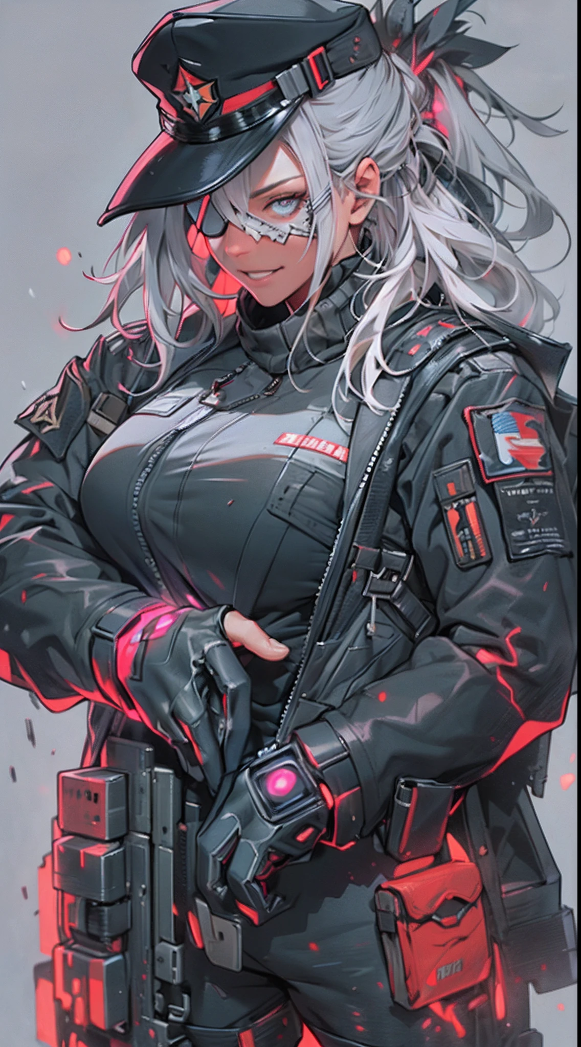 (1 beautiful woman)、(Very huge muscles:1.5)、(Unusually large muscles)、(Red cyberpunk military uniform all over the body:1.3)、(Red aura emanating from clothes:1.5)、(Military equipment:1.2)、(White hair)、(an eye patch:1.3)、(30-years old)、(confident grin:1.2)、(Dark hair)、(Top image quality)、(8K picture quality)、(masutepiece)、(Full body photo:1.3)、cinematric light, Cinema Shadow, Sharp Image, Extremely detailed,、beautiful effects, Muted colors, Highly detailed image textures, detailed hairs, Detailed face, Detailed eyes, Full body photo、Highly detailed image textures, detailed hairs, Detailed eyes、