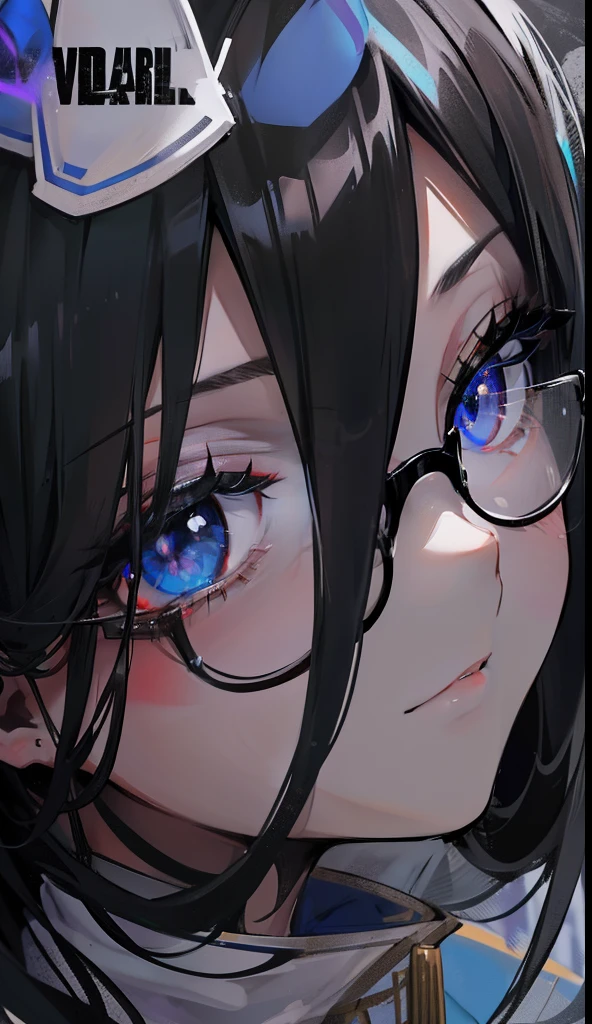 with dark hair and glasses,Powder-blue pupils,Clothes in black and white color,Vermilion threads interweave background,She is a very cunning royal sister goddess