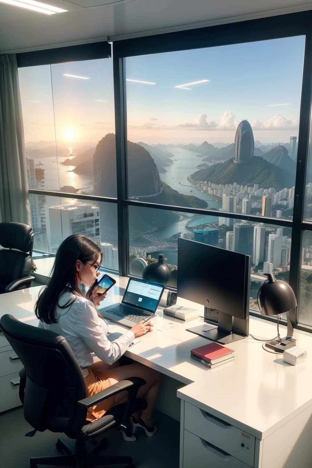 Modern futuristic large office with computer, cell phone and a beautiful view of landscape of rio de janeiro in the window family photos and books couple working