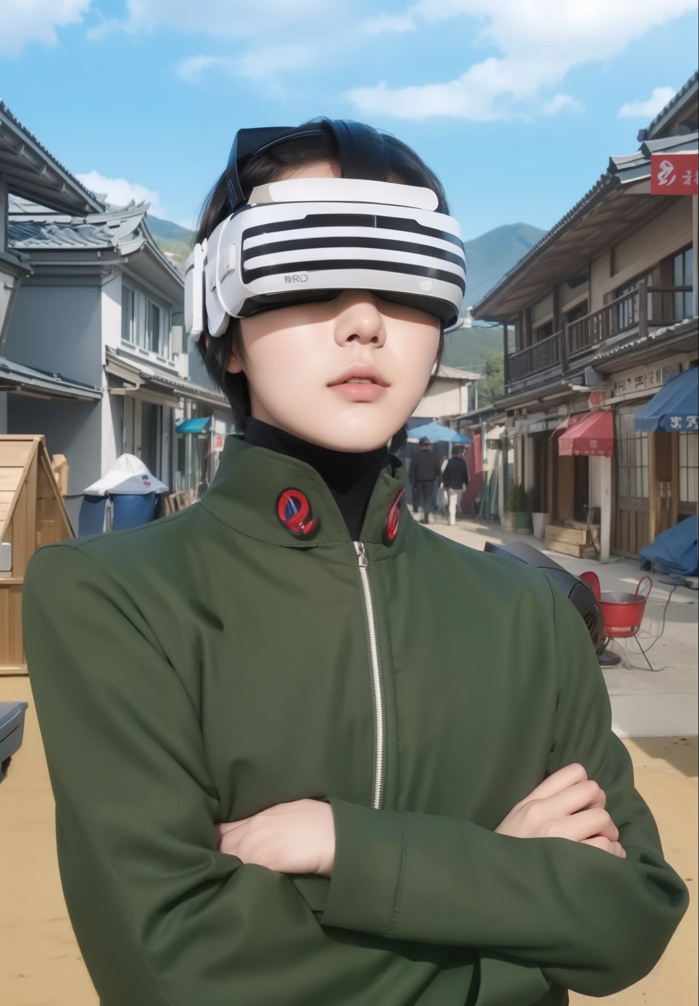 Real life adaption of this character,((wear VR gadget covered eye)),Korean handsome face,short hair,realistic outfit,realistic light,realistic shadow,realistic background,(photorealistic:1.2),(same logo on the collar),((Don't show eyes))