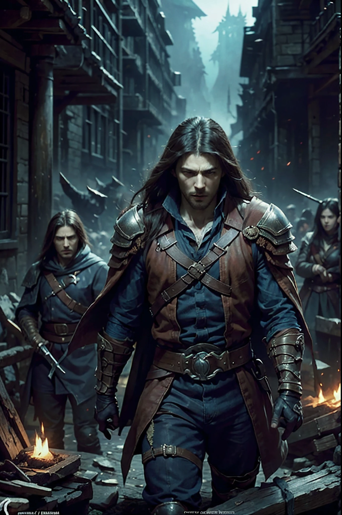 Castlevania's legendary war battle: Lords of Shadow in a dynamic work. Illustrer le choc des forces surnaturelles, The value of the hero, and the impending darkness enveloping the battlefield. Let the art convey the raw emotions and intricate details of this pivotal moment in the game's hyper realistic super detailed super detailed sharp details high resolution