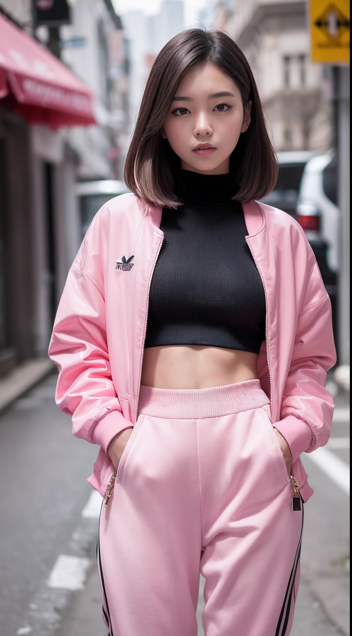 Beautiful asian woman in pink jacket and pants，korean woman，Korean young woman，（Delicate face，facial features），mannequin，standing on a city street, Portrait of Lim Yoona in girls' generation, Tumblr, lyco art, 2 techwear women, Pink clothes, wearing a light - pink suit, ((Pink)), wearing track and field suit, Light pink, street fashion outfit, She is seen wearing streetwear pieces, Woman in streetwear，Tall lady，cute women