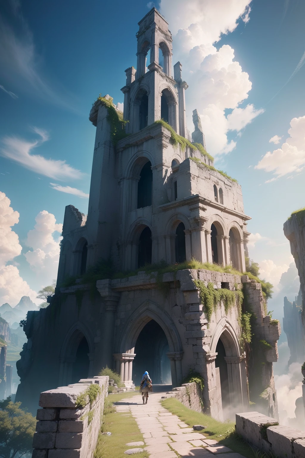 (Ultra detailed CG Unity 8K wallpaper、​masterpiece、top-quality)、ruins、Adventurer encounters、blue-sky、white clouds