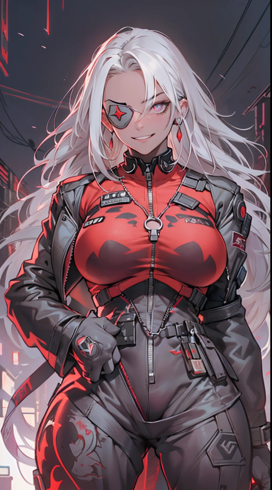 (1 beautiful woman)、(Very huge muscles:1.5)、(Unusually large muscles)、(Red cyberpunk military uniform all over the body:1.3)、(Red aura emanating from clothes:1.5)、(Military equipment:1.2)、(White hair)、(an eye patch:1.3)、(30-years old)、(confident grin:1.2)、(Dark hair)、(Top image quality)、(8K picture quality)、(masutepiece)、(Full body photo:1.3)、cinematric light, Cinema Shadow, Sharp Image, Extremely detailed,、beautiful effects, Muted colors, Highly detailed image textures, detailed hairs, Detailed face, Detailed eyes, Full body photo、Highly detailed image textures, detailed hairs, Detailed eyes、