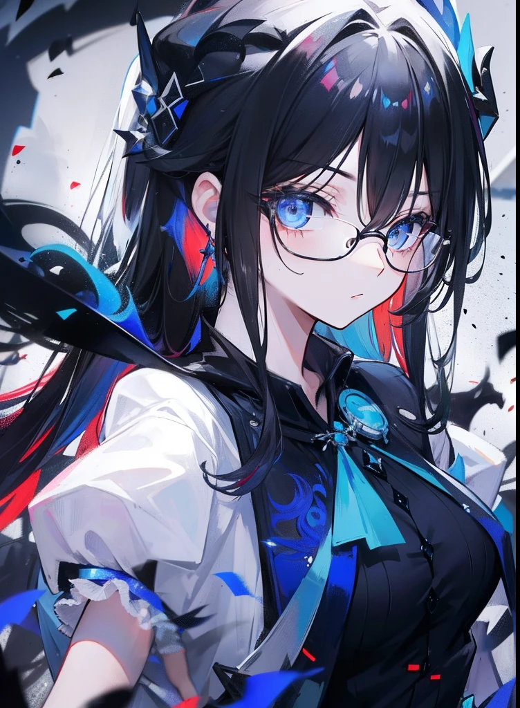 with dark hair and glasses，Powder-blue pupils，Clothes in black and white color，Vermilion threads interweave background，She is a very cunning royal sister goddess