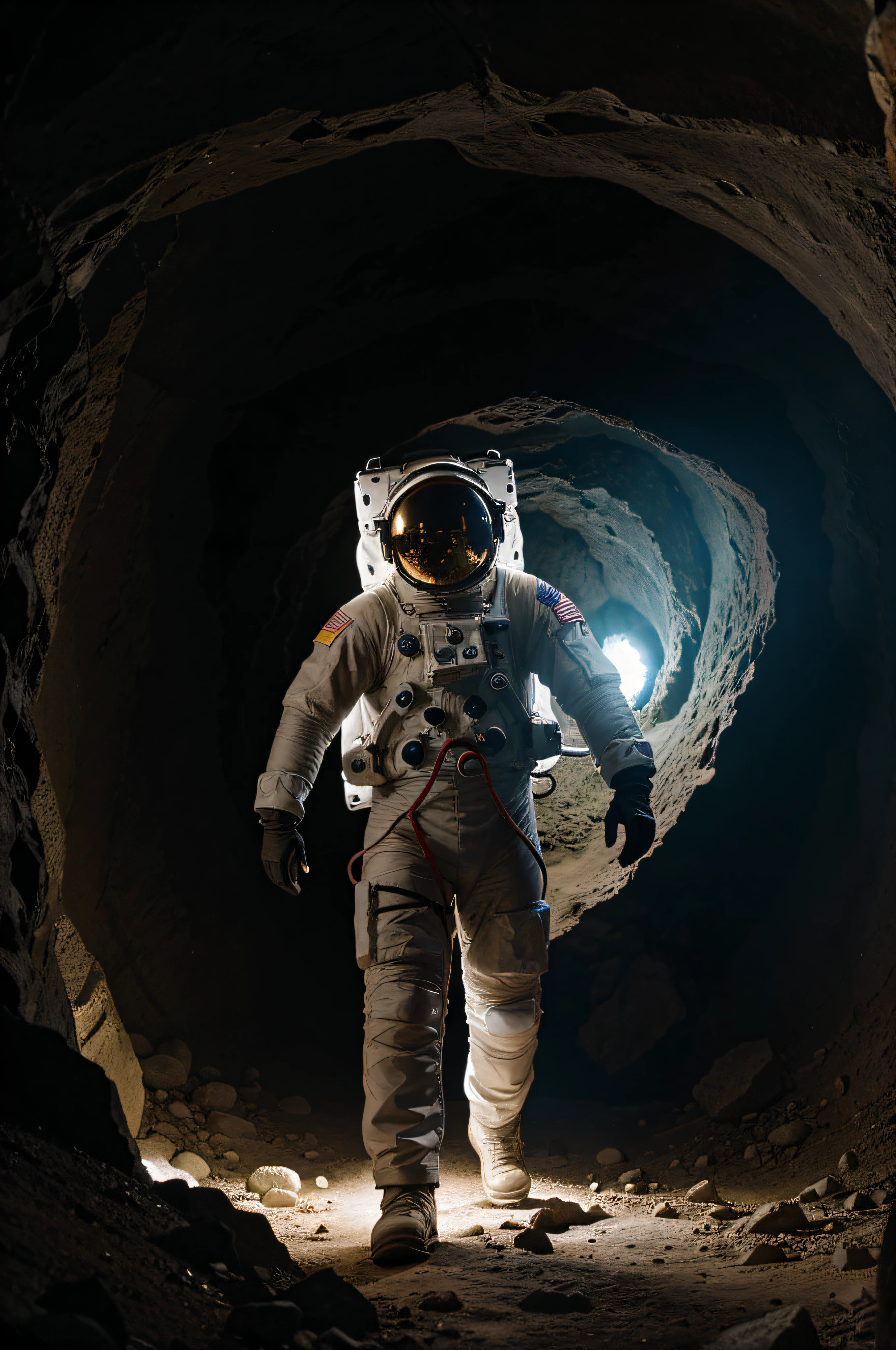 In this hyper-realistic ultra HD photograph of a astronaut in a cave. Long-exposure, photography captured with expert precision. 64k