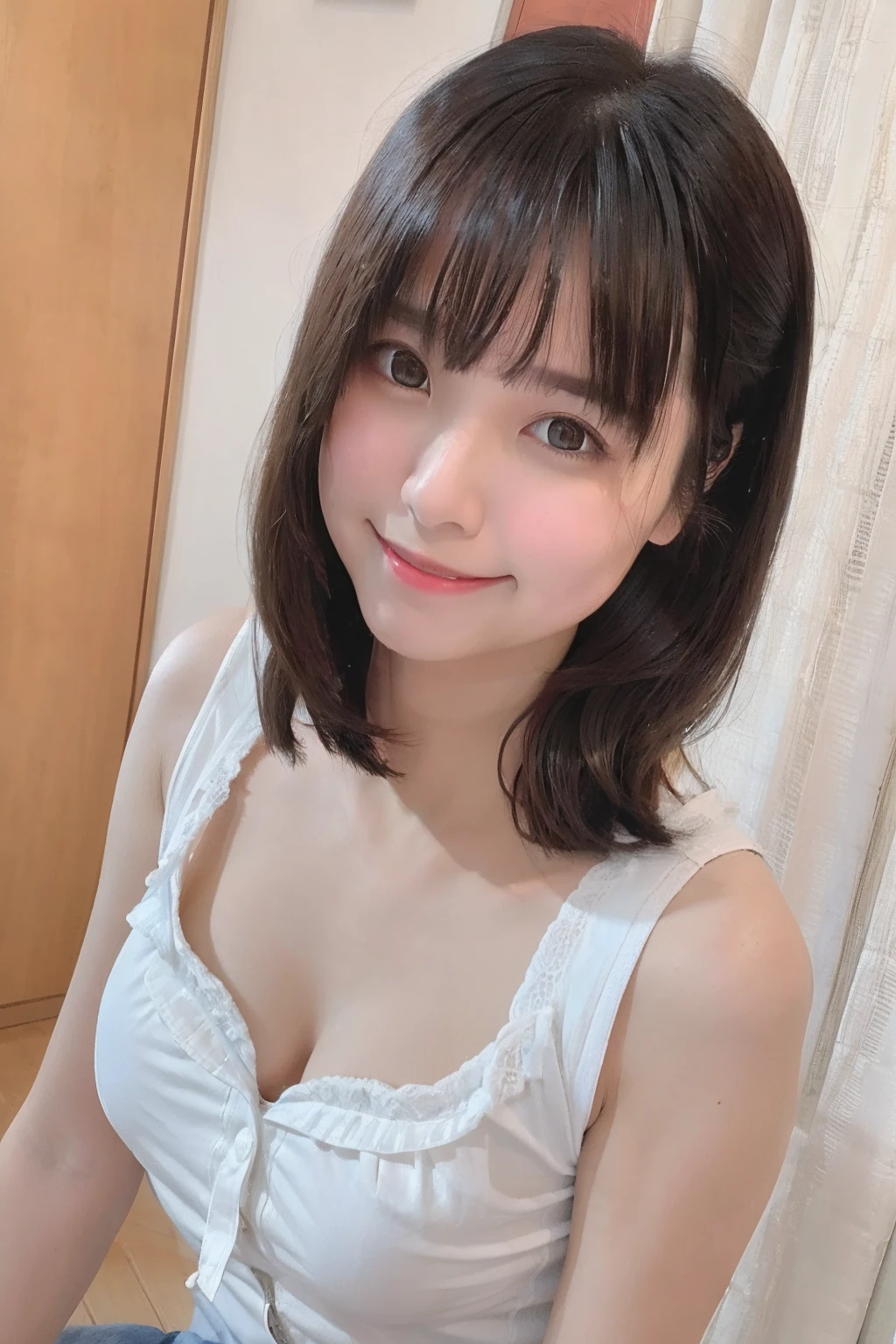 masterpiece,High resolution,high quality,Japanese women,Small and thin face,Perfect body,Erotic look,fine grain,Realistic,Bobcut,cute、Big Breasts、Big Breasts:1.3,Ample breasts、Breast enlargement、G-Cup:1.3、Big Breasts:1.3、Huge胸、Huge ，Huge胸，Large Breasts