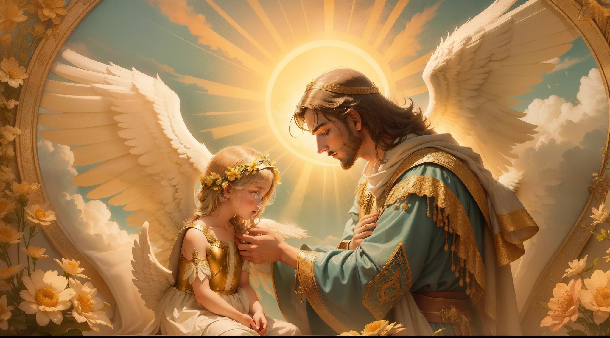 Closeup of an image of the archangel man are raphael praying and blessing a child, com belas asas grandes e bonitas, perfeito, Reslistic, Biblical setting, celestial scenery, sol e nuvens ultras realistas, flores e velas, Archangel Raphael illuminated from heaven, flores coloridas, velas acesas, Archangel St. Raphael blessing a child, a child at your feet, A man archangel St. Raphael, um anjo bonito e majestoso. The angel is above and the child is below looking at the archangel St. Raphael