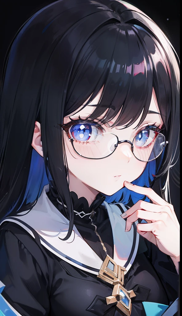 with dark hair and glasses，Powder-blue pupils，Clothes in black and white color，Vermilion threads interweave background，She is a very cunning royal sister goddess