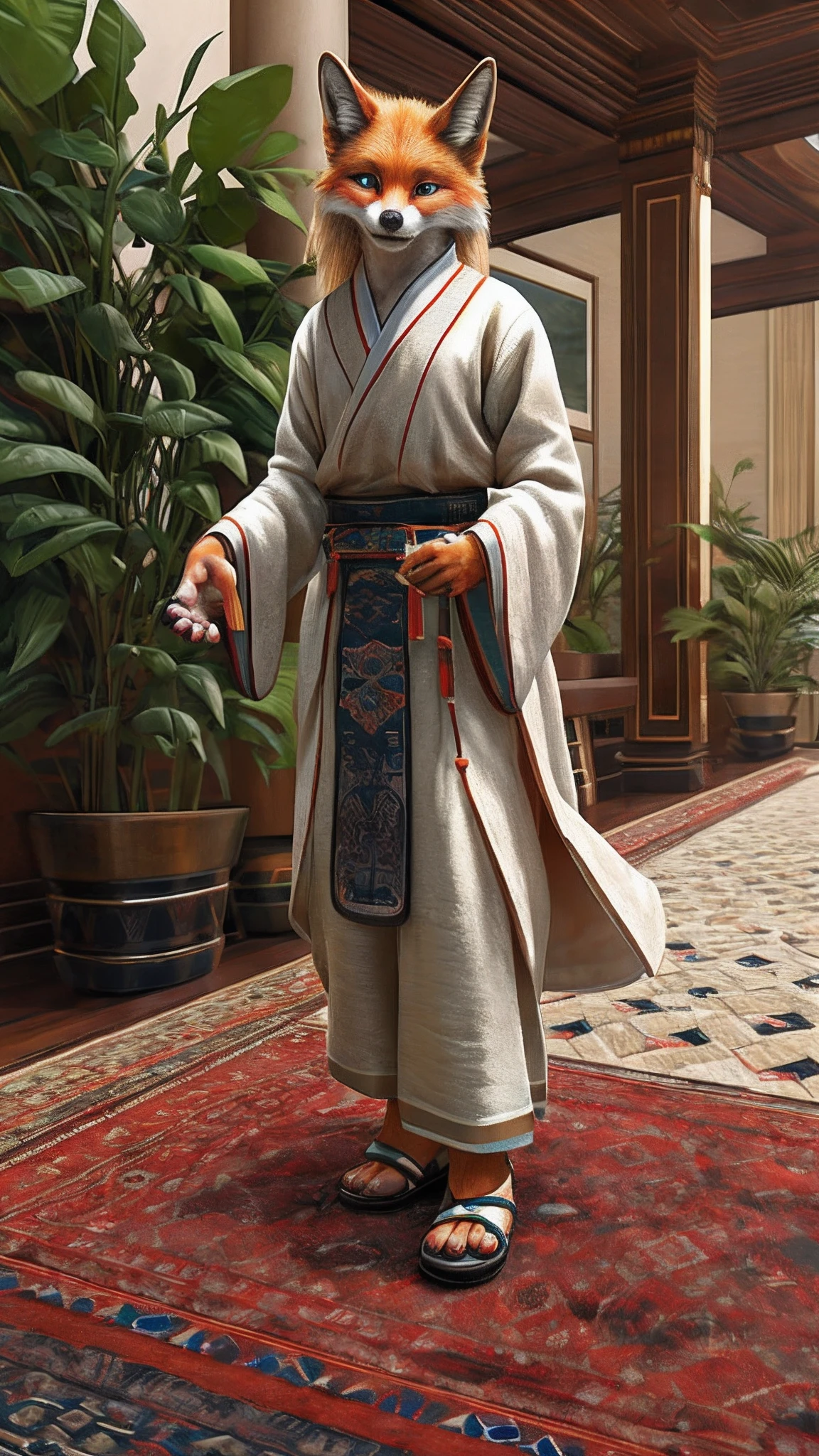 Bionic Fox，female，White Hanfu，sandals，Children，Standing on the carpet in the hotel，HD graphics，Detailed and realistic，high detal，high qulity，photo-realistic，photorealistic eye，Detailed paws，Clear eyes，Masterpiece artwork，Five-fingered hands，top-quality，32k，hyper HD