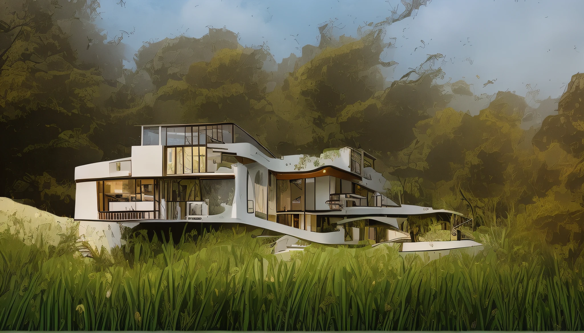 house, modern villa, grass hill, daylight, clouly