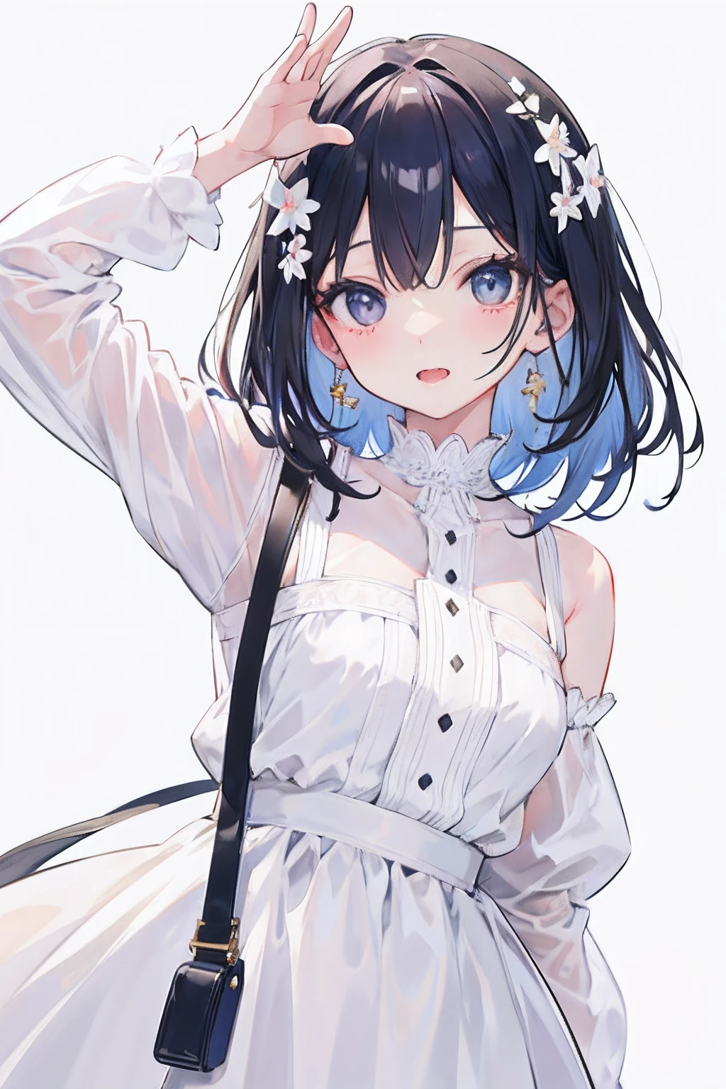 girl with、kawaii、White Dress、Standing Picture、frontage、large mouth、A detailed face、Solid background color、Looking at the front、Medium Hair、