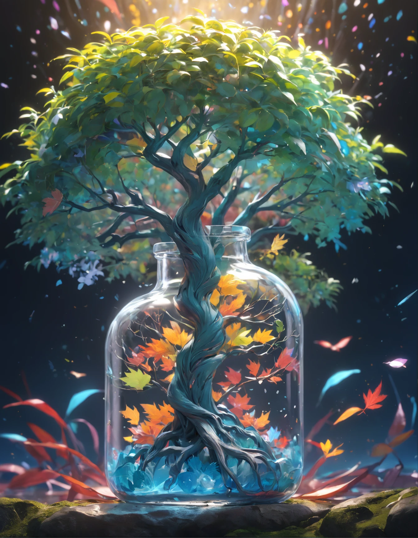 Dreamy art tree in bottle, fluffy, realistic, photo, canon, dreamy, art, colorful leaves and branches, flowers blooming on the head. Ultra-detailed photorealism by Greg Rutkowski - H 1024 W 804 | f1 6 lens mark 2:2 s 3555mm film grain: 1 lifelike high resolution Sharp focus contrast!! Complex and detailed atmospheric light refraction lighting Unreal Engine 5 Cinematic Concept Photo Masterpiece Octane Render Rendered as a trend in CGSighbour