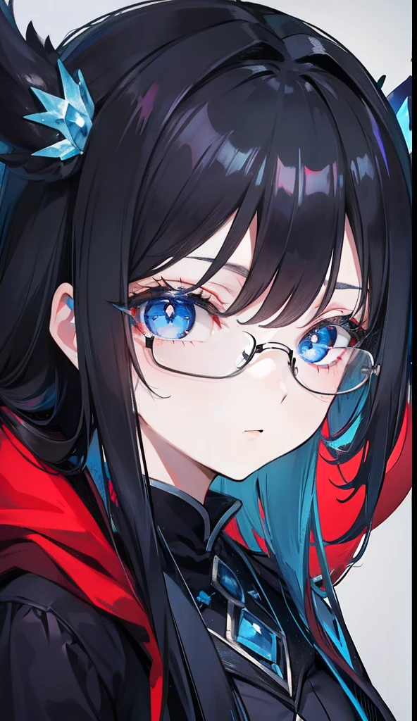 with dark hair and glasses,Powder-blue pupils,Clothes in black and white color,Vermilion threads interweave background,She is a very cunning royal sister goddess