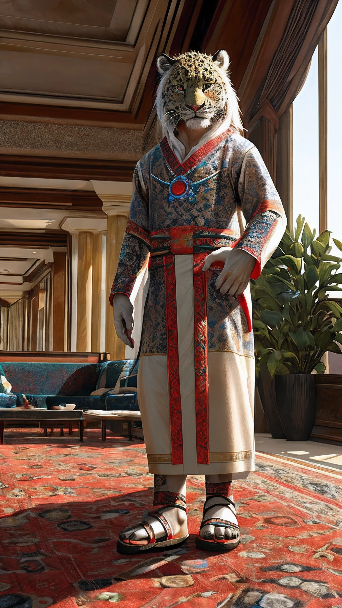 Bionic Leopard，female，White Hanfu，sandals，Children，Standing on the carpet in the hotel，HD graphics，Detailed and realistic，high detal，high qulity，photo-realistic，photorealistic eye，Detailed paws，Clear eyes，Masterpiece artwork，Five-fingered hands，top-quality，32k，hyper HD