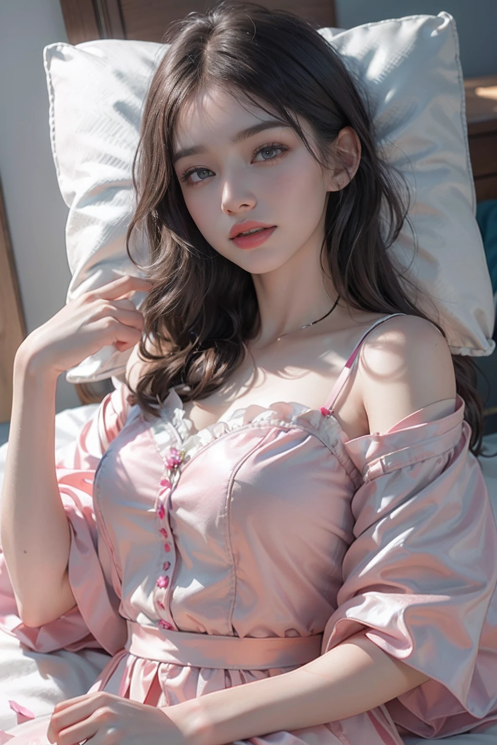 Girl lying on bed，wet​，Charming eyes，Heartwarming action，Turn your face away from the camera，stooped，Bend over，turn back，Look up at your head，transparent silk pajamas ，thick long hair，Highly detailed body，Highly detailed face，best qualtiy,(Pink bra),(Off-shoulder open-front translucent blouse),