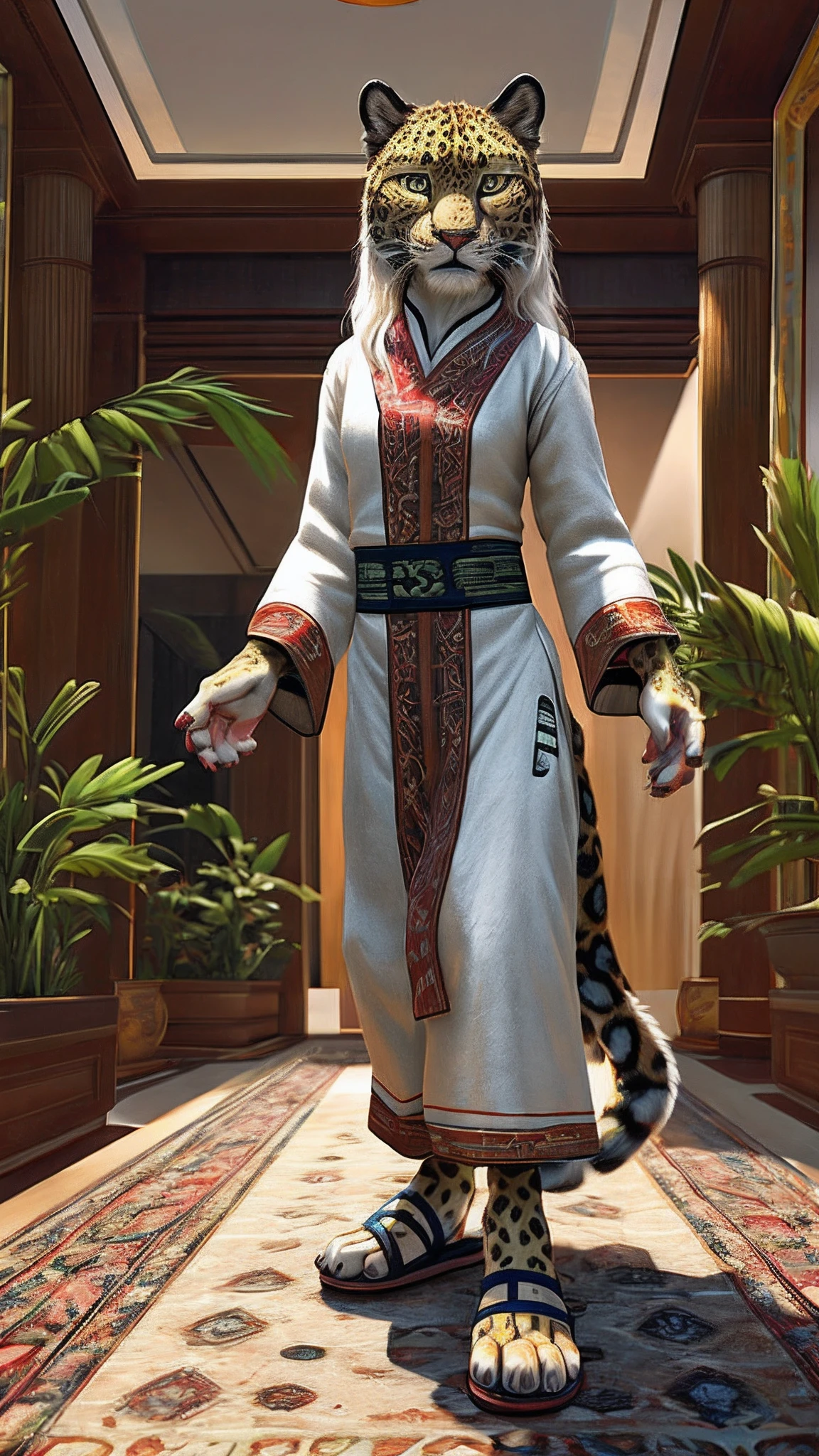 Bionic Leopard，female，White Hanfu，sandals，Children，Standing on the carpet in the hotel，HD graphics，Detailed and realistic，high detal，high qulity，photo-realistic，photorealistic eye，Detailed paws，Clear eyes，Masterpiece artwork，Five-fingered hands，top-quality，32k，hyper HD