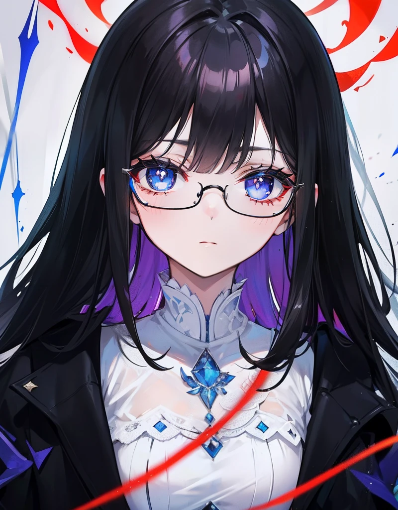 with dark hair and glasses，Powder-blue pupils，Clothes in black and white color，Vermilion threads interweave background，She is a very cunning royal sister goddess